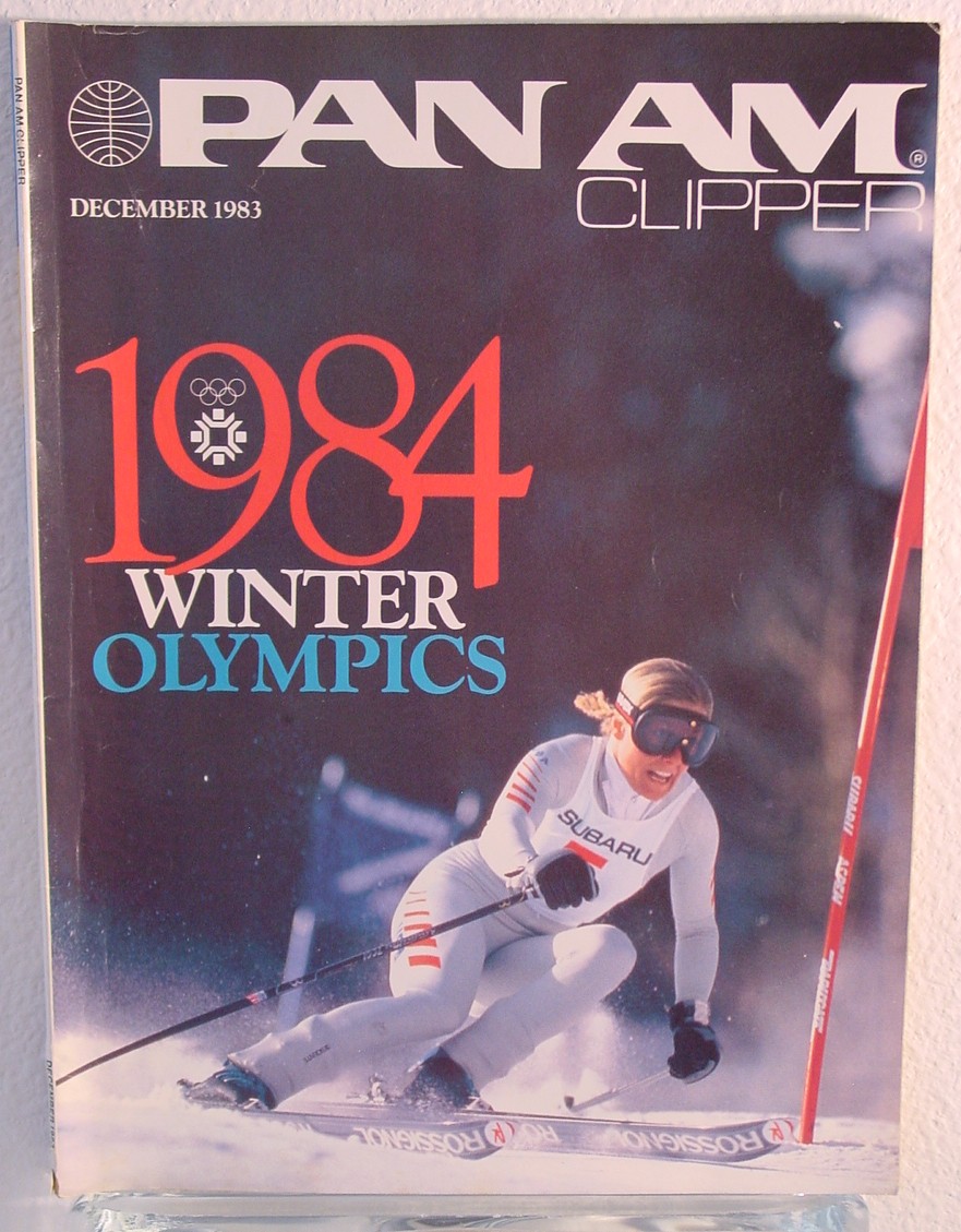 1983 December, Clipper in-flight Magazine with a cover story on the 1984 Winter Olympics in Yugoslavia.  Pan Am was the Official International Airline of the Olympics.